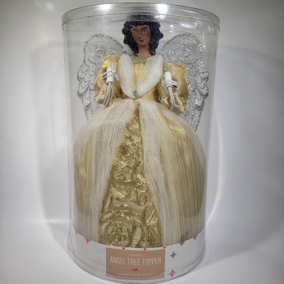 14" Holiday Lane 10-Light Angel Tree Topper with Gold Dress & Silver Wings - Picture 5 of 6